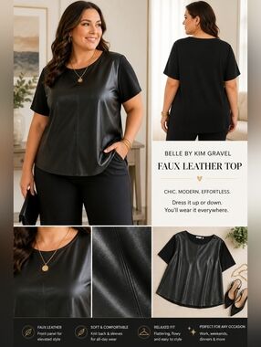 Belle by Kim Gravel Faux Leather Top Black 2X Short Sleeve Chic Modern Blouse